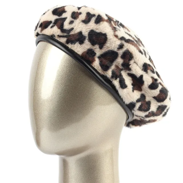 Geebro Women's Leopard Beret Hat Winter Warm Rabbit Fur French Artist