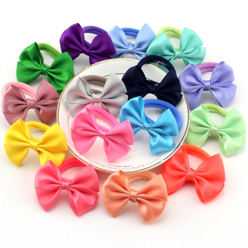 

10pcs/lot 2.5" Solid Print Samll Ribbon Bow Elastic Hair ropes Girls Ribbon Elastic Rope Bows hair band Girl Hair Accessories