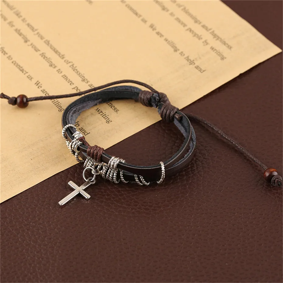 Punk Style Cool Cross Multilayer Women Men Bracelets Vintage Hand-woven Stylish Jewelry Fashion Charm Leather Bangle (3)