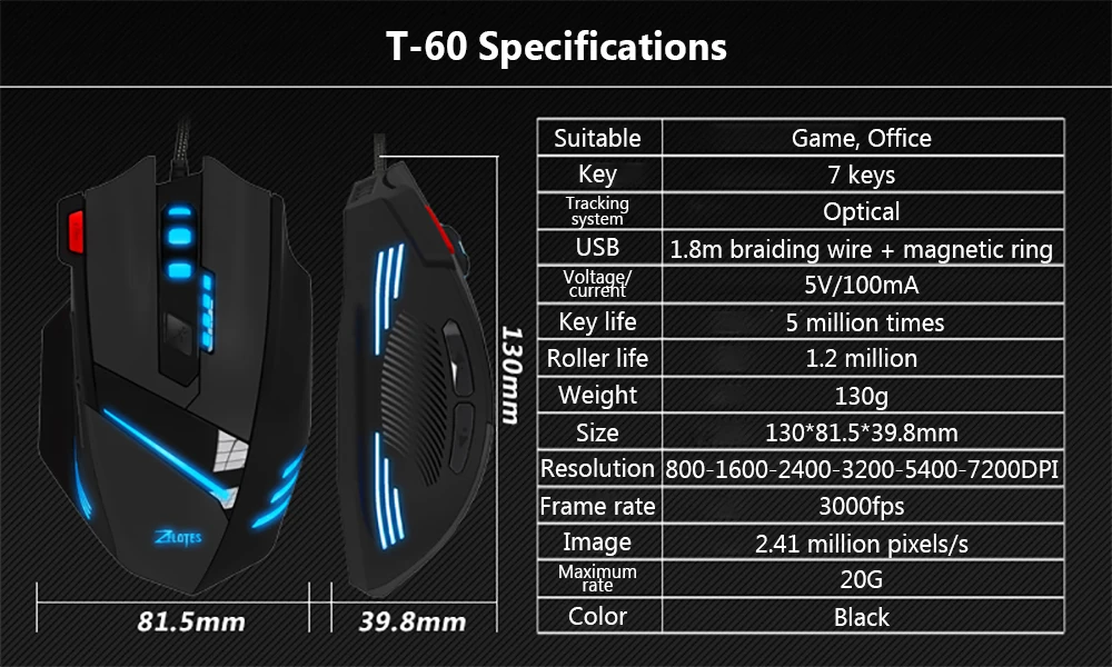 ZELOTES T-60 Проводная игровая мышь USB 7 кнопок 7200 dpi оптическая Регулируемая USB компьютерная светодиодный мыши с подсветкой игровая мышь для геймера