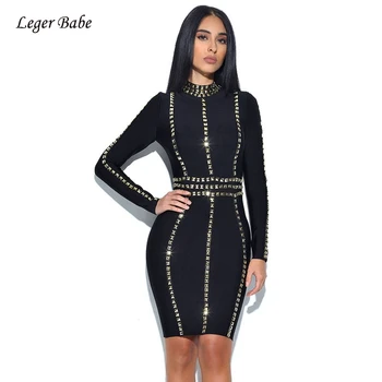 

Black Beaded Bandage Dress New Women Celebrity Party Long Sleeve High Neck Slim Dresses Ladies Elastic Knitted Mini Vestidos