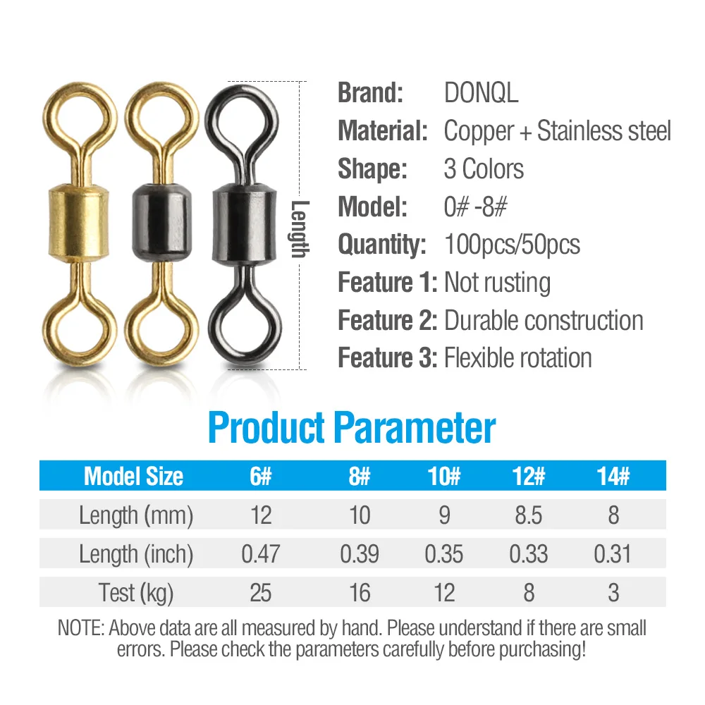 DONQL 102050pcs Bearing Swivel Solid Rings Fishing Connector 6#-12# Barrel Rolling For Fishhook Lure Link Fishing Accessories  (4)