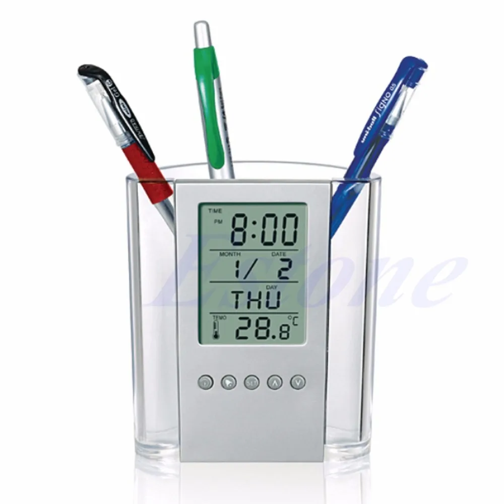 

J34 NEW Digital Desk Pen/Pencil Holder LCD Alarm Clock Thermometer&Calendar Display-PC Friend