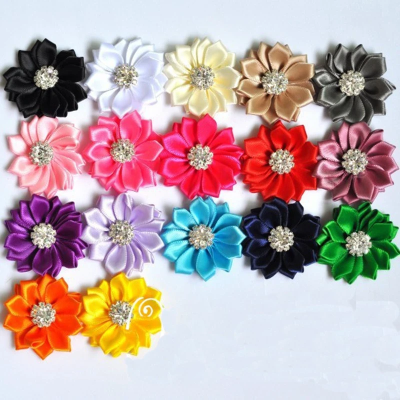 

120pcs/lot 5cm 17 Colors Mini Multilayer Satin Ribbon Flowers With Rhinestone Button Artificial Fabric Flowers For Headbands