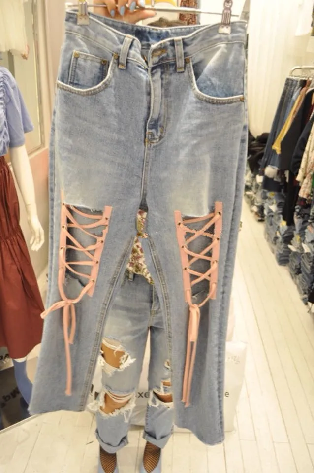 Primavera Wang Vaqueros Whitney Moda Up Encaje 2017 Denim Negro Pantalones Streetwear Femme Hollow Verano Mujer Out vqEwBdFwx