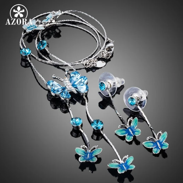 AZORA Elegant Stellux Austrian Crystal Butterfly Oil Painting Pattern Drop Earrings and Pendant Necklace Jewelry Set TG0190