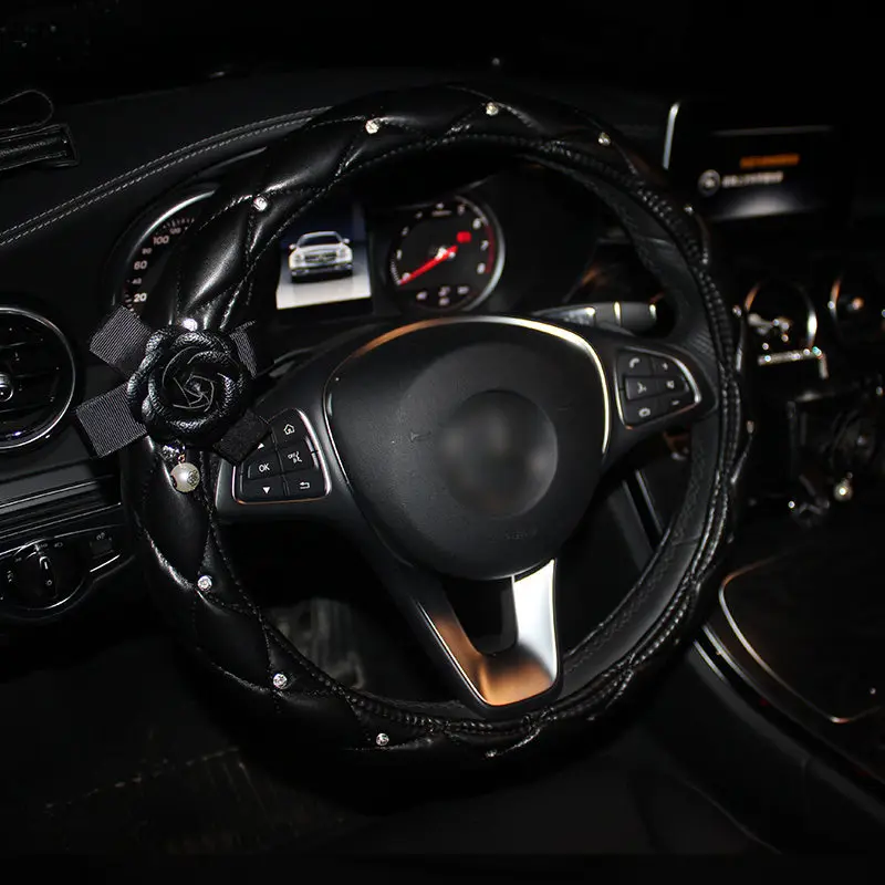 Чехол рулевого колеса автомобиля с черным цветком камелии, Кожаная подушка для шеи автомобиля, универсальная подушка для подголовника автомобиля - Название цвета: Steering Wheel Cover