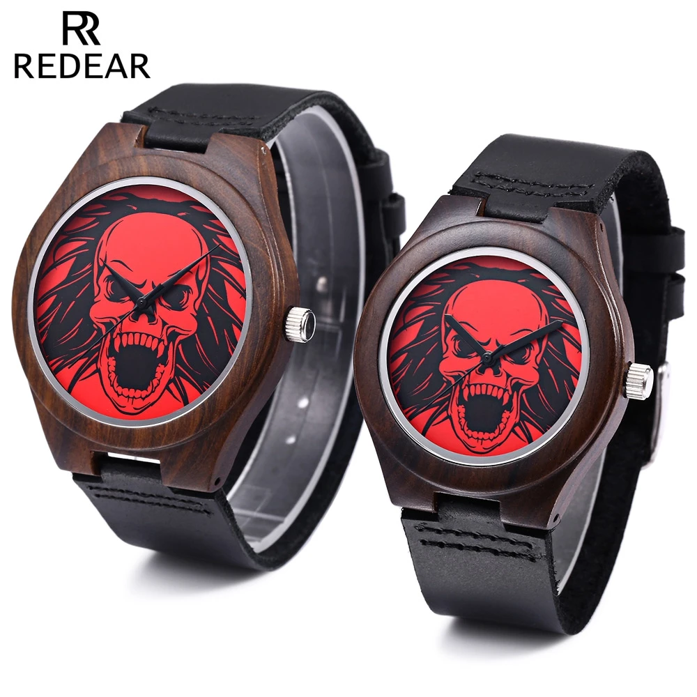 

EDEAR Couple Quartz Watch Skull Pattern Dial Imported Movt Wooden Case Leather Band Wristwatch