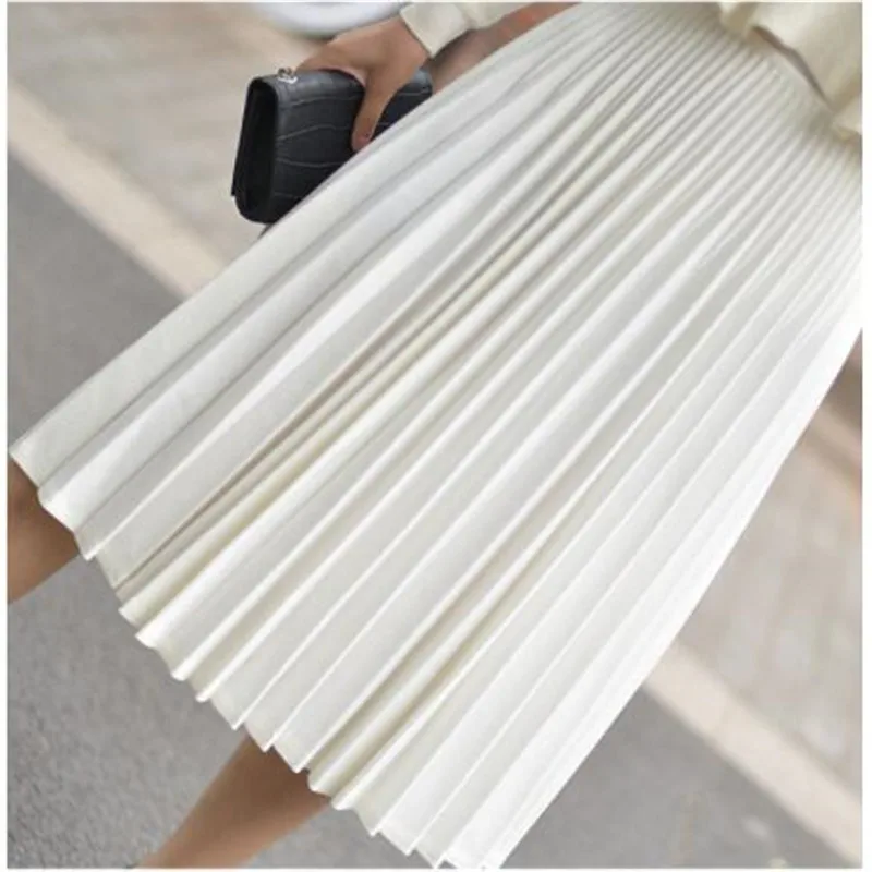 

2019 Spring Women Elegant Pleated Skirt High Waist Women White Long Skirt Female Ladies High Quality Women Midi Skirt Black Saia