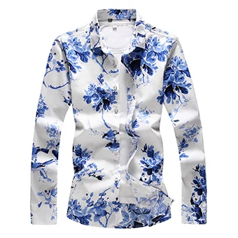 LONMMY 6XL 7XL Гавайская Мужская рубашка с цветочным принтом и длинным рукавом, мужские рубашки, платье, 65% хлопок, повседневная приталенная рубашка, Blusas masculina flower, новинка - Цвет: 7509 blue flower