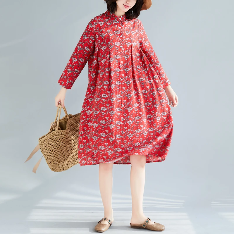 

Fashion 2019 New Women Dresses Casual Cotton Linen Spring Summer Dress Stand Collar Loose Print Floral Vintage Dress
