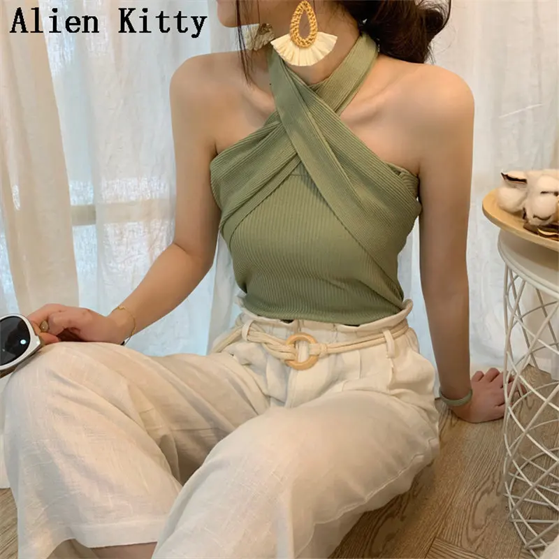 

Alien Kitty New Summer Multi-Way Sexy Fresh Fashion Free Vintage Sexy All-Match Slim Knitted Knitted Basic Tank Top 5 Colors