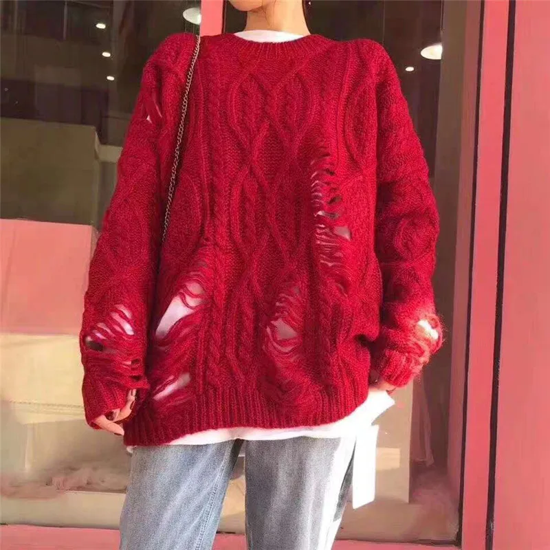 

2019 female new spring red with hole solid color fashion lazy wind round neck all-match knit loose sweater