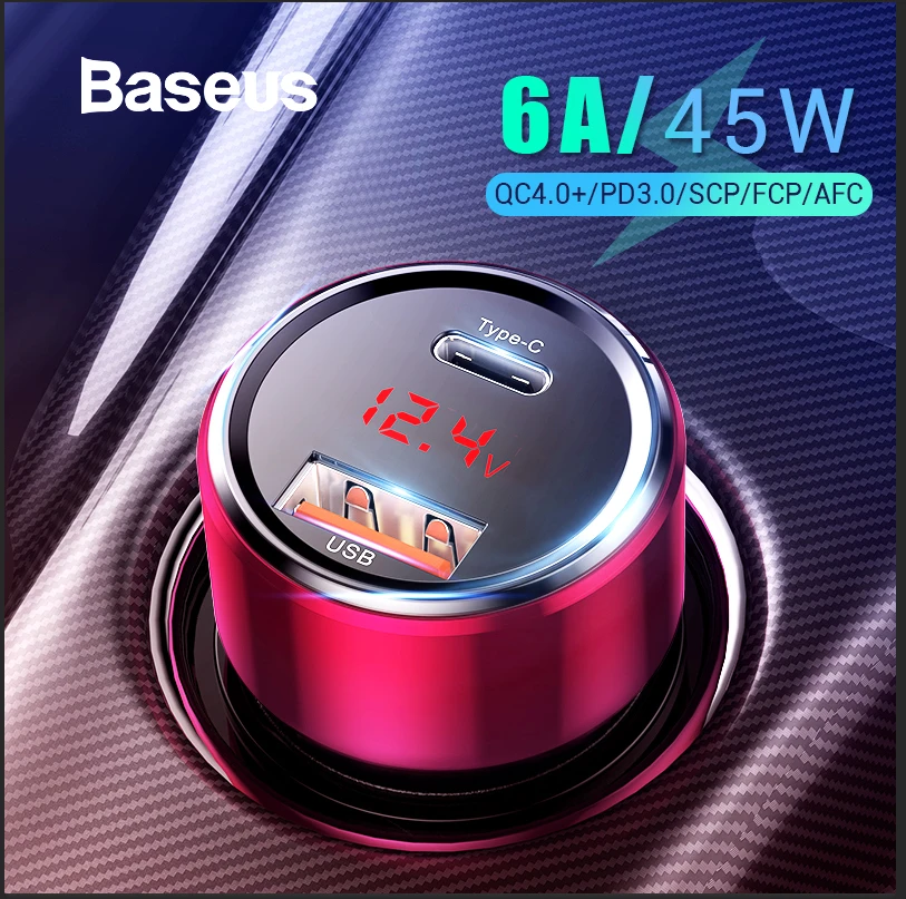 Baseus 45 W de carga rápida 4,0 USB 3,0 cargador de coche para Xiaomi mi Huawei sobrecargar SCP QC4.0 QC3.0 rápido PD cargador de teléfono USB C para coche