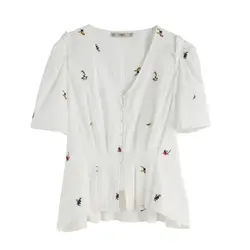 Винтаж женские блузки и топы рубашка с коротким рукавом вышивка цветочный v-образный вырез женские хлопковые тонкие повседневные блузы