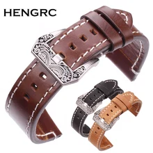 HENGRC Genuine Cow Leather Vintage Watchbands Black Dark Brown Greased Leather Watch Band Strap With Stainless Steel Buckle crown key style cow leather necklace bronze dark brown