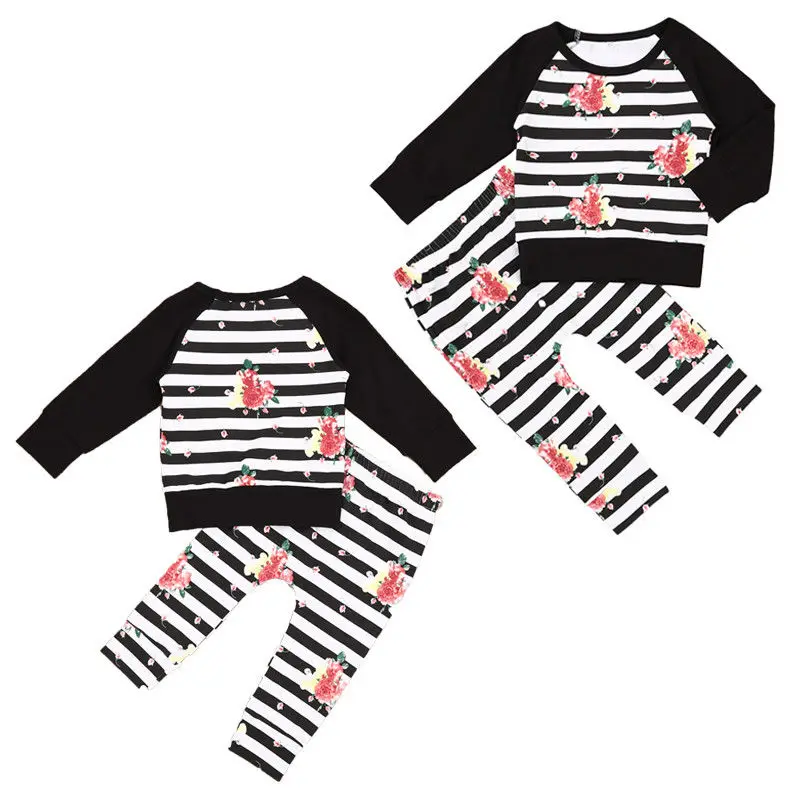 2PCs Newborn Baby Girl 2018 Autumn Clothes Striped Tops Pants Floral