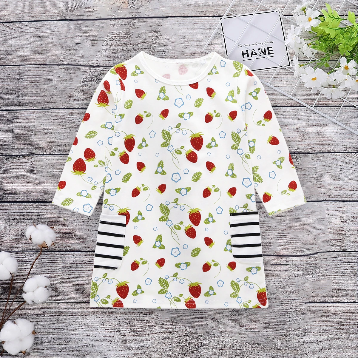 

Causal Small Strawberry Allover Stripe Pocket Long-sleeve Dress