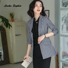 1pcs Women's Plus size Long Blazers coats 2019 Autumn Fashion cotton blend stripe Small Suits jackets ladies Skinny Blazers Suit
