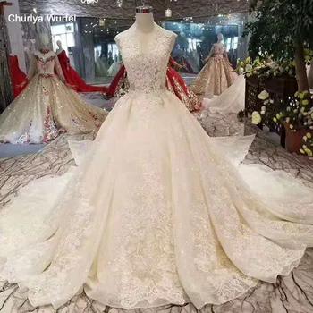 

LSS389 sleeveless wedding dress with detachable train v-neck appliques shiny wedding gown with removable train drop shipping