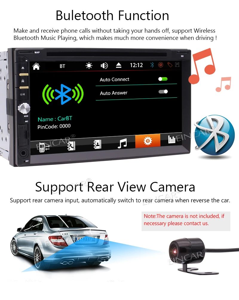 Perfect Eincar Car Rearview Camera 7" Double Din In Dash Stereo Car Receiver Audio Video DVD CD Player Bluetooth FM AM RDS Radio MP3 5
