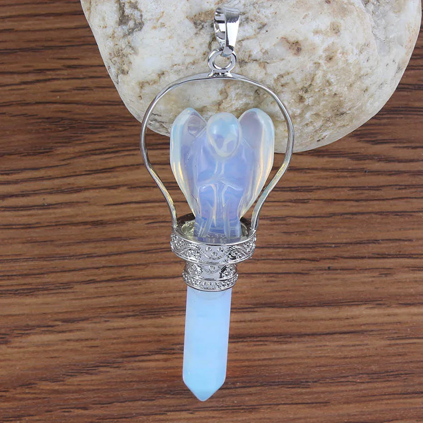

100-Unique Popular Silver Plated Hexagon Column Antique Angle Scepter Opalite Opal Pendant Fashion Jewelry