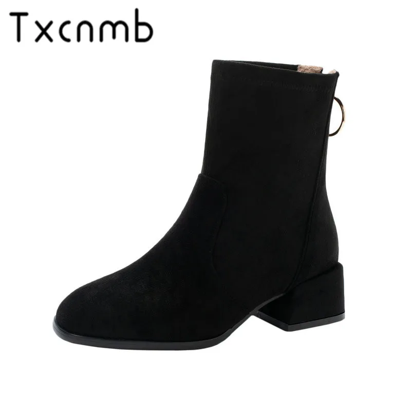 

TXCNMB 2019 Suede Leather Winter Autumn Boots Women Square Heel Ankle Boots Motorcycle Ladies Shoes Woman Szie 41 42 43