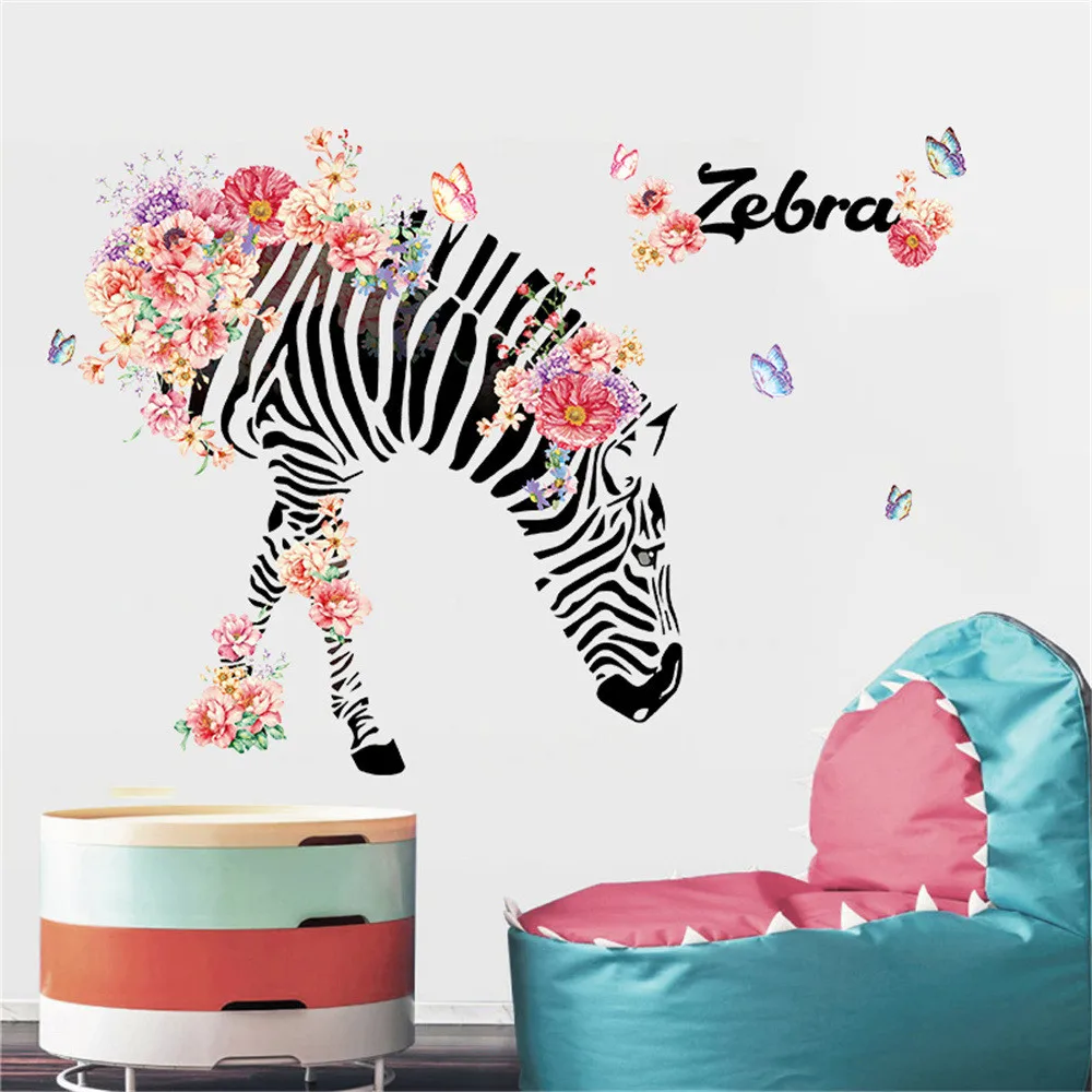 

Large DIY Flower On Zebra Horse Wall stickers For Living Room Art For Kids Baby Home Decor adesivo de parede z0524#G30
