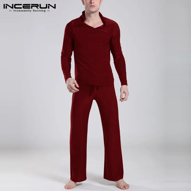 INCERUN, повседневный пижамный комплект для мужчин, одежда для сна,, длинный рукав, с капюшоном, однотонный, модный Пижамный костюм, брюки, топы, мужские мягкие домашние наборы
