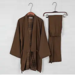 Для мужчин кимоно пижамный комплект хлопковые пижамы двойной слои газовые пижамы мужчины отдых кимоно-пижамы мотобрюки спортивный костюм