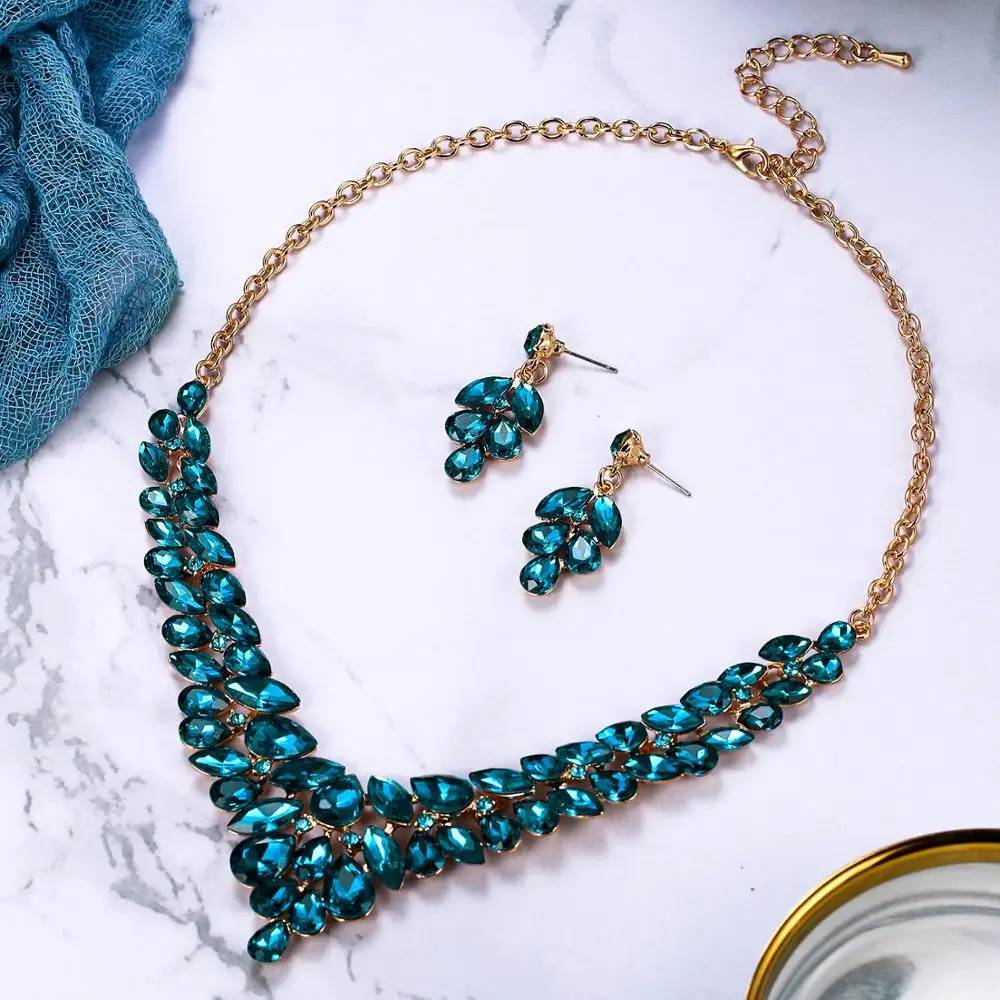 

Tuliper Water Drop Ear Bridal Jewelry Set Austrian Crystal Wedding Necklace Earrings Set For Women Party Graduation Gift Collier
