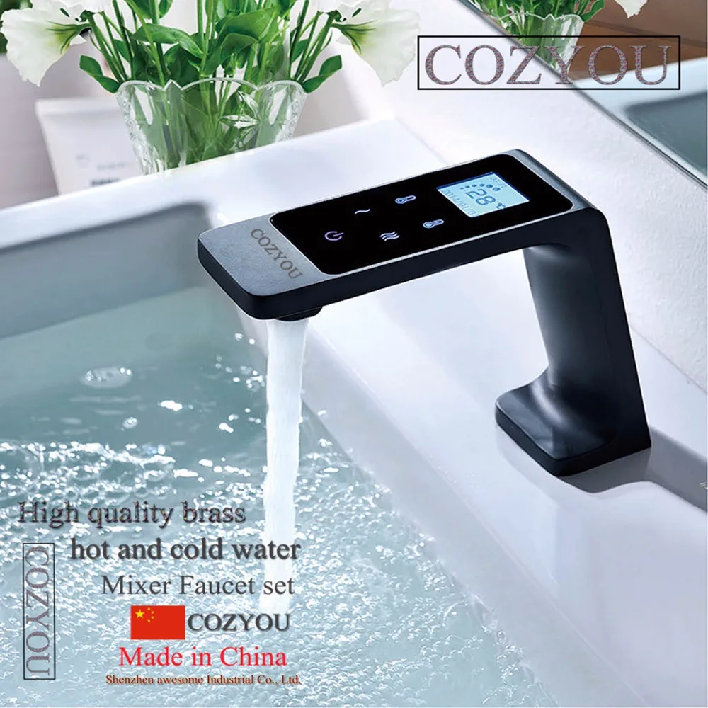 Intelligent constant temperature control LED touch screen mixed led basin faucet, brass