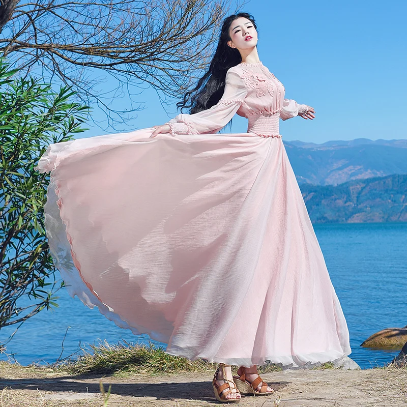 

LYNETTE'S CHINOISERIE Spring Autumn Women Cute Pink Slim Vintage Chiffon Dresses