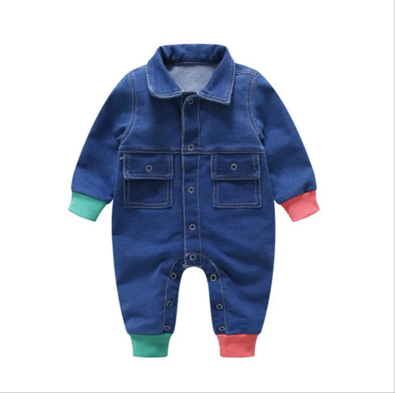 

2018 Baby Jeans Romper Spring Toddler Long Sleeve Lapel Collar Denim Jeans Star Pattern Solid Color Rompers Kids Infant Jumpsuit
