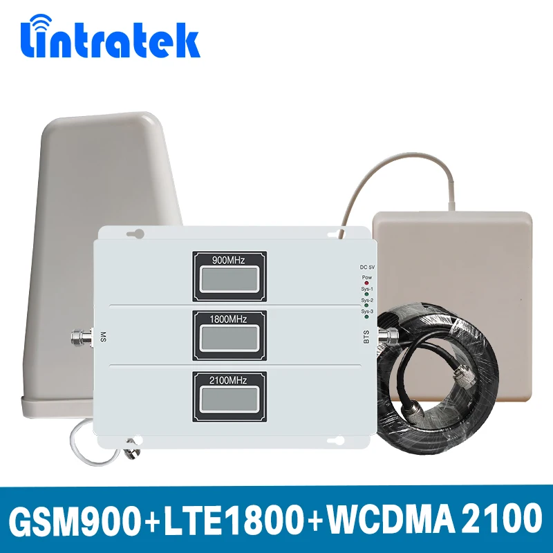 Трехдиапазонный ретранслятор сигнала Lintratek ЖК дисплей 2G GSM 900 /4G LTE 1800/3G WCDMA 2100 МГц