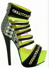 Stylish Black White Geometric High Weels Platform Sandals Womens Peep Toe Mixed Colors Gold Chain Cut-out Dress Shoes Plus Size round geometric cut out arm chain