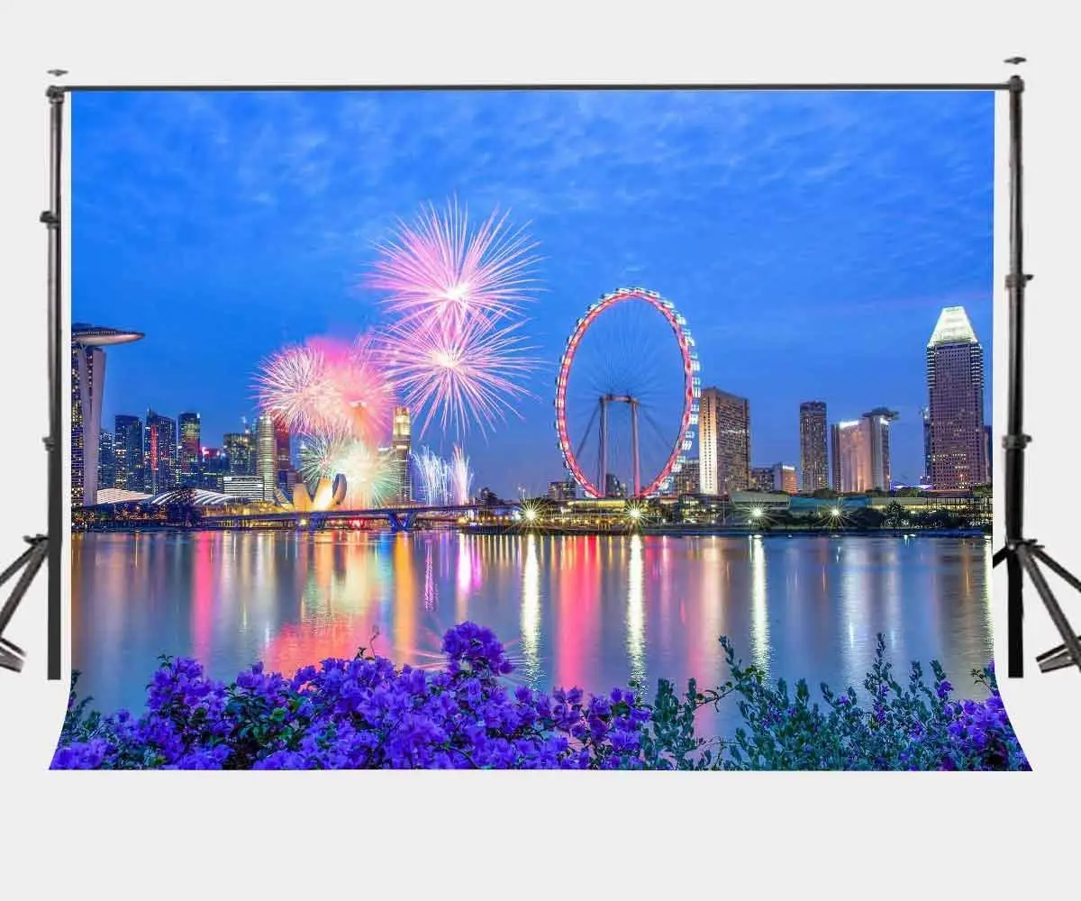

150x220cm Singapore City Night View Backdrop Sky Wheels Colorful Fireworks Photography Background Party Studio Props