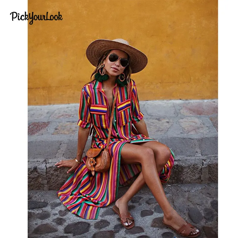 Pickyourlook Женское Платье макси с отложным воротником рукавом в полоску на пуговицах