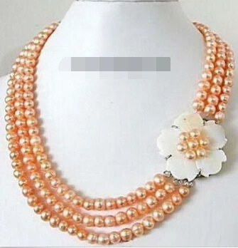 

zj N35 3 Rows Real Pink Pearl White Shell Flower 18KWGP Clasp Necklace