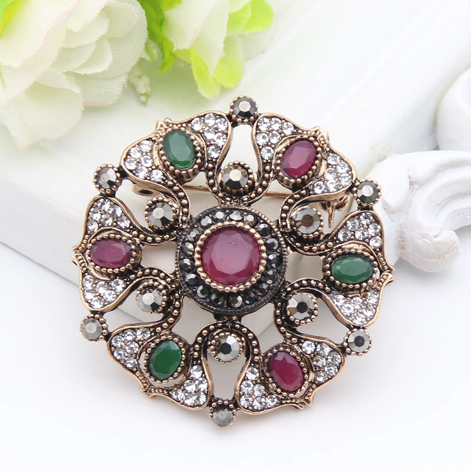 Vintage Turkish Women Resin Round Flower Brooch Pins Antique Gold Color 