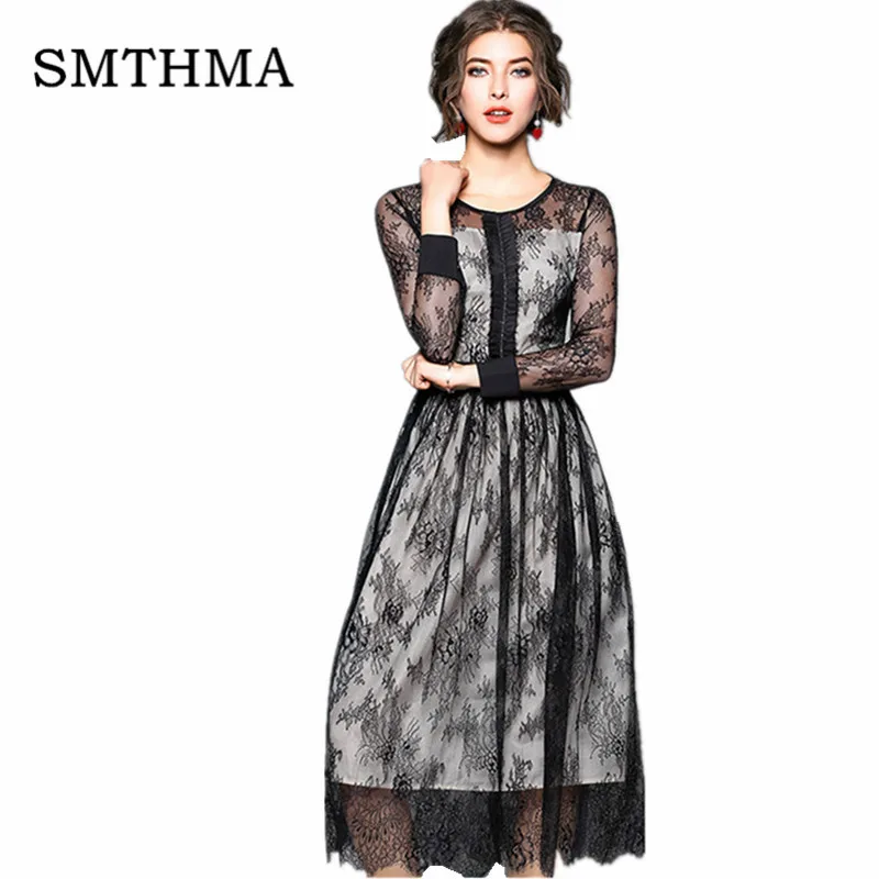 

SMTHMA Spring Runway designer womens dresses black lace ball gown high quality fashion vintage cute lace dress