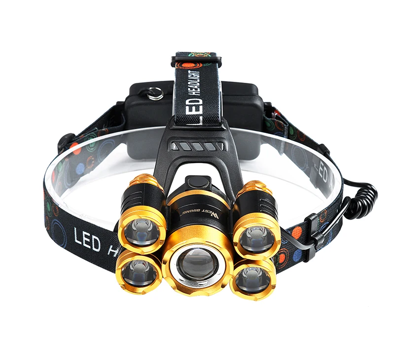 Perfect WEST BIKING Bike 5LED Headlamp Super Bright Gold Zoomable 4Modes Waterpoof T6 Cycling Head Light USB Recharge Bicycle Head Torch 14