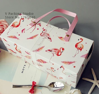 

white Flamingo roll Cake Box Swiss Roll Handbox Macaron Pastry Cookies Packaging Paper Boxes 100pcs/lot