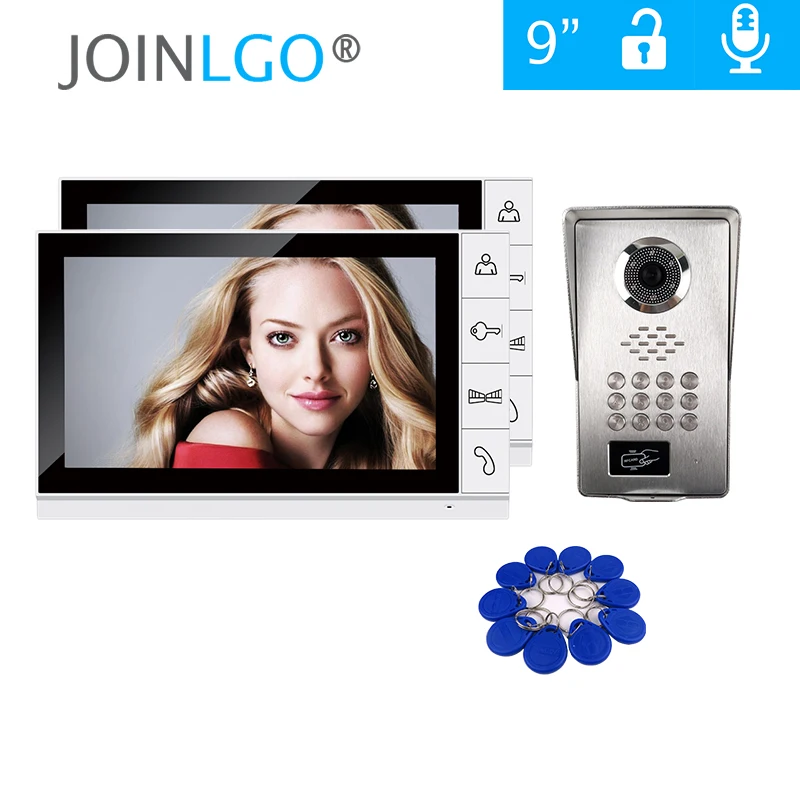 FREE SHIPPING 9\ LCD Screen Video Door Phone Intercom Kit 2 White Monitor + Metal Panel RFID Code Keypad Unlock Doorbell Camera