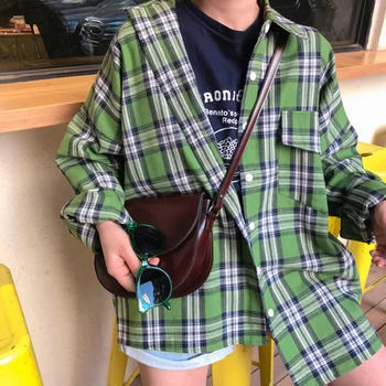 

Plaid Green Women's Shirt Casual Blouse Women Loose Camisas Mujer Top Female Chemise Femme Ladies Tops Kimono Cardigan