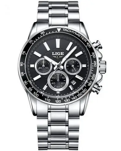 Reloj Hombre LIGE модные спортивные мужские часы с хронографом Топ бренд Роскошные военные кварцевые часы Relogio Masculino - Цвет: Steel black