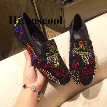 

Colorful Rhinestones Women Flat Shoes Sapato Feminino Round Toe Crystal Casual Women Shoes Genuine Leather Flats Women Loafers