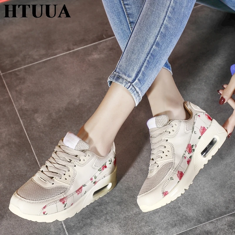 Женские кроссовки на платформе HTUUA белые дышащие с цветочным принтом