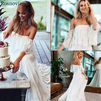 

Full Lace Bohemian Beach Wedding Dresses 2019 Off Shoulder Backless Sweep Train Summer Country Garden Bridal Gowns Customized