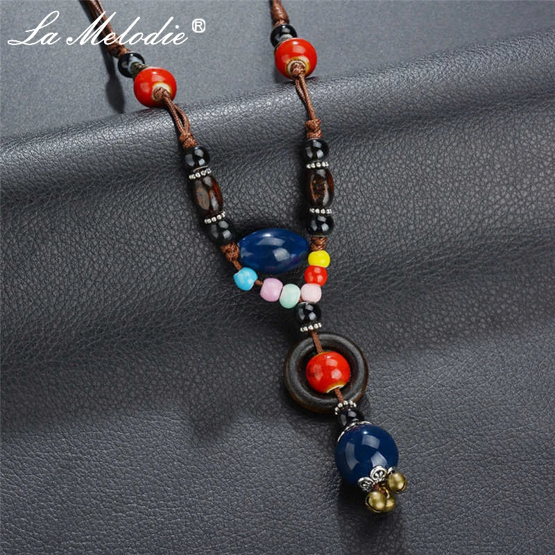 

New 12 Types Bohemia Colorful Ceramics Beads Tassel Pendant Necklace Rope Chain Boho Sweater Chain For Women Necklaces Jewelry